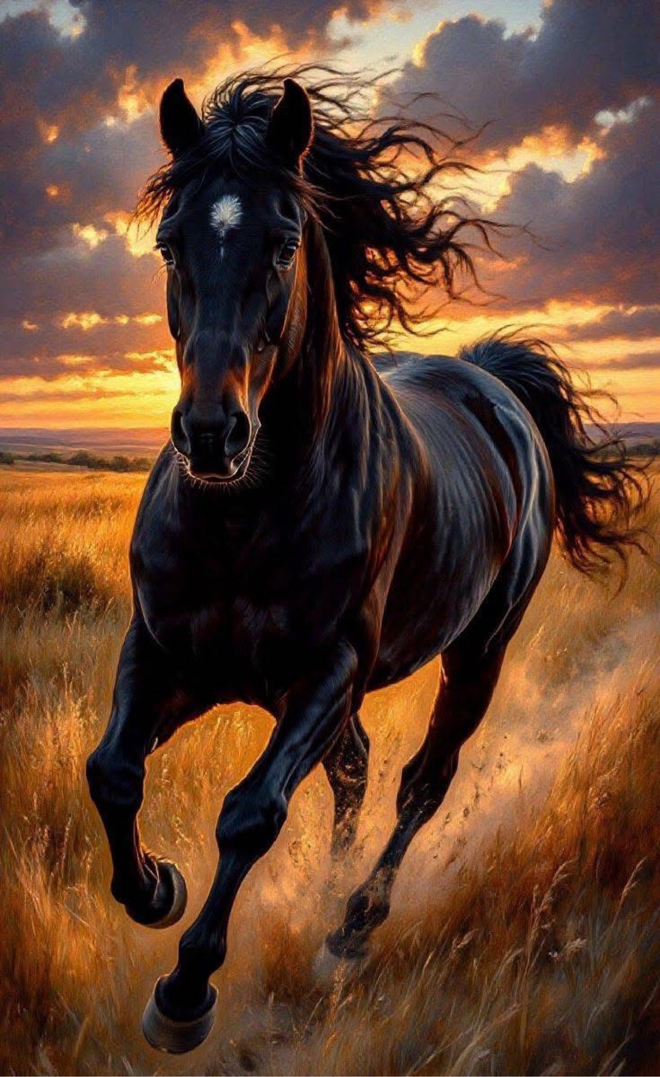 Black horse galloping at sunset