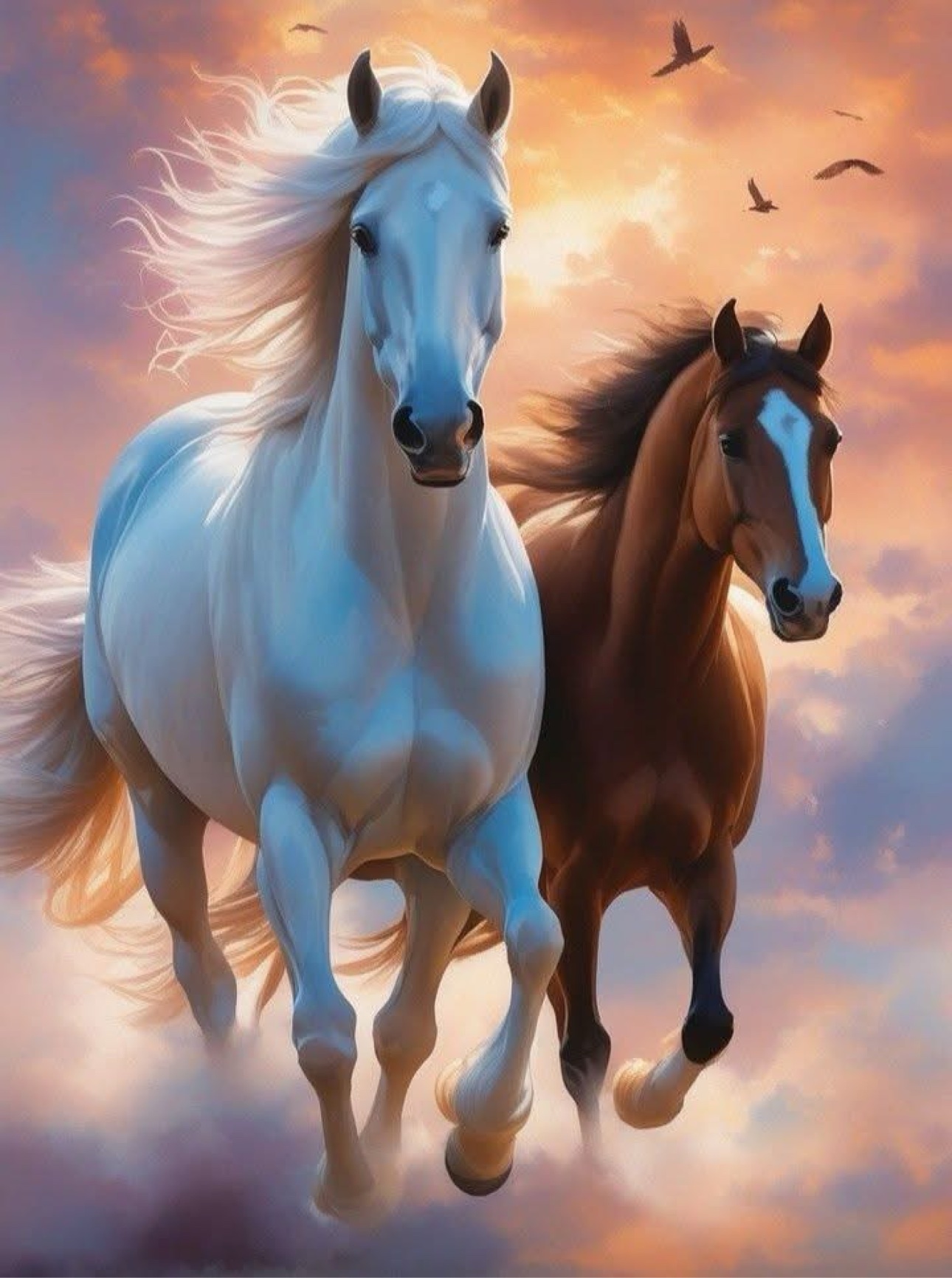 White and brown horses running together