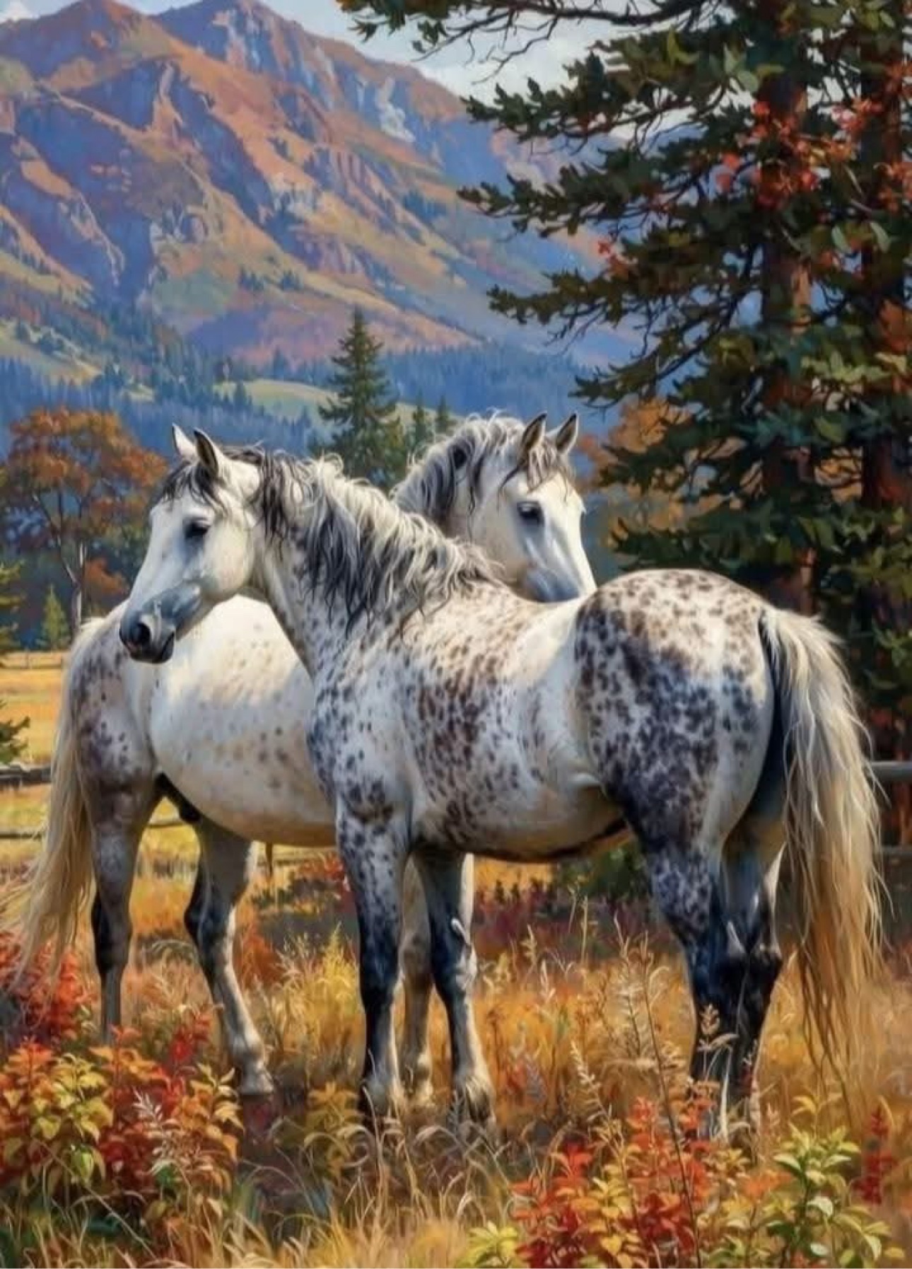 Two spotted horses in the mountains