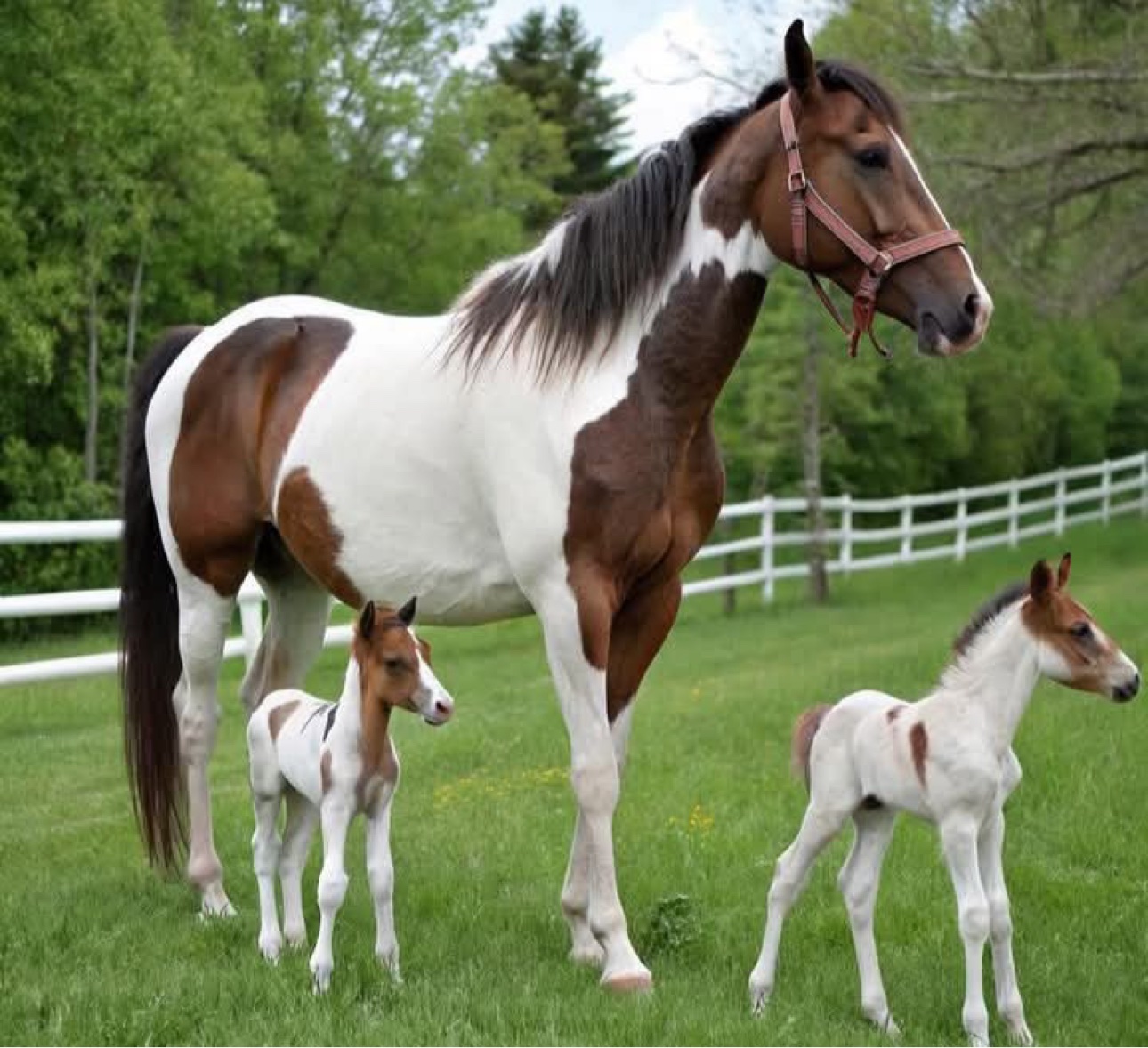 Pinto mare with two foals in the pasture