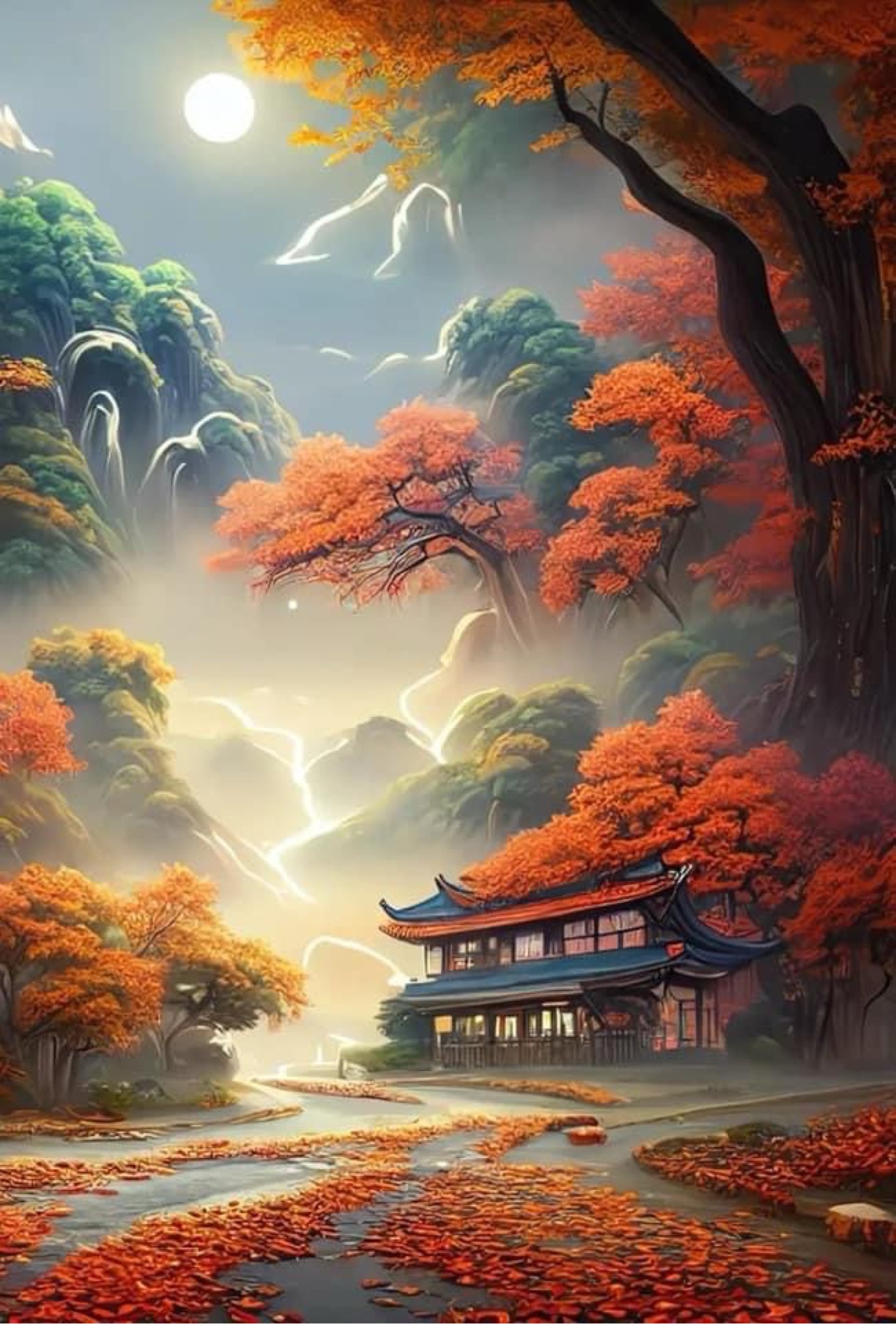 Temple among autumn trees and waterfalls